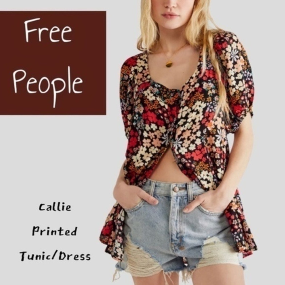 FREE PEOPLE Callie Floral Print Scoop Neck Short Sleeve Button Down Tunic Dress